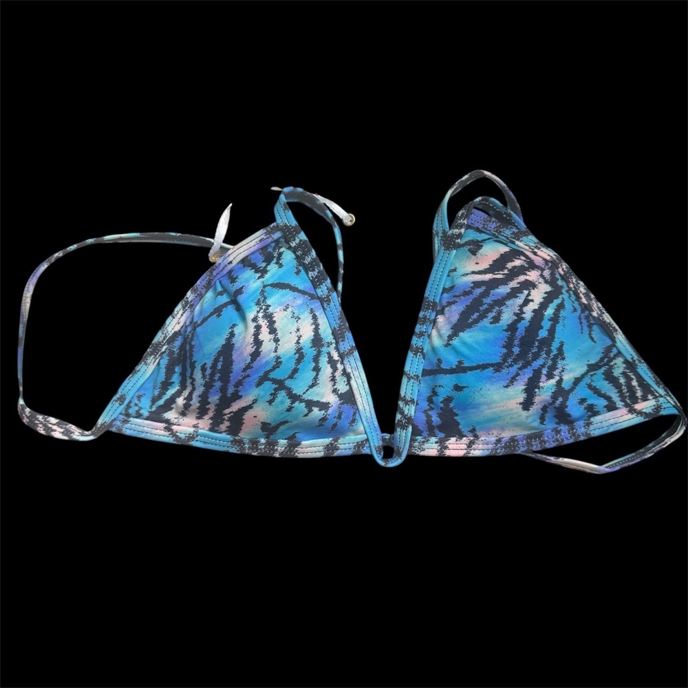 Perfect Vacation Blue Abstract Palm Triangle Bikini Top Small Swimwear